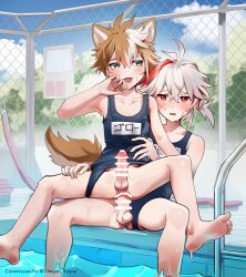 2boys :p absurdres anal animal_ears bangs bare_shoulders barefoot blue_swimsuit collarbone dog_boy dog_ears dog_tail erection feet femboy genshin_impact gorou_(genshin_impact) grey_hair highres itsme_takk kaedehara_kazuha male male/male male_focus male_only multicolored_hair multiple_boys orange_hair otoko_no_ko penis pool red_eyes red_hair sex sex_from_behind short_hair smile soles streaked_hair sweatdrop swimsuit tail toes tongue tongue_out white_hair yaoi