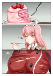 1girls bbw belly big_breasts breast_expansion breasts chubby clothing comic darling_in_the_franxx english_text fat female light-skinned_female light_skin pink_hair saintxtail stuffing text torn_clothes weight_gain zero_two_(darling_in_the_franxx)