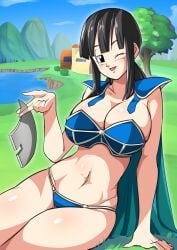 1girls armor big_breasts bikini_armor black_hair breasts chichi chichi's_armor dragon_ball dragon_ball_(classic) etzel grass house milf navel one_eye_closed outside shounen_jump teenage_girl teenager thick_thighs tree