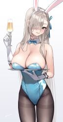 alcohol asuna_(blue_archive) asuna_(bunny)_(blue_archive) asuna_(bunny_girl)_(blue_archive) beauty_mark beauty_mark_on_breasts big_breasts blonde_hair blue_archive breasts breasts_on_plate bunny_costume bunny_ears bunnysuit drink hair_covering_eye huge_breasts kaedeko_(kaedelic) large_breasts presenting_breasts smile sweat thick thick_thighs thighs tongue_out visible_breath