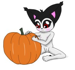 anthro carving_knife espurrito felid feline female flat_chested food fruit fur genitals halloween hi_res holidays mammal nipples nude plant pumpkin pussy red_eyes simple_background solo spread_legs spreading white_body young