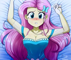 1girls armpits artist_signature bed big_breasts blush breasts cleavage equestria_girls female female_only fluttershy_(eg) fluttershy_(mlp) friendship_is_magic hasbro hi_res highres my_little_pony necklace signature solo solo_female straight_hair the-butch-x