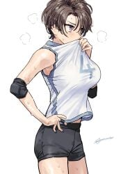 big_breasts breasts ears fit heavy_breathing kaedeko_(kaedelic) large_breasts shirt_down shirt_lift shirt_up short_hair sport sports_uniform sporty sweat sweating sweaty tagme_(character) thick thick_thighs thighs tomboy very_short_hair wiping_sweat wiping_with_shirt