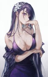 1girls amulet beauty_mark big_breasts breasts dress exposed_shoulders fashion female female_only flower_hair_ornament genshin_impact goddess hair_ornament hand_under_breasts handband huge_breasts jewelry large_breasts long_neck necklace purple_eyes purple_hair raiden_shogun roha shoulders smooth_skin solo tagme tagme_(artist) veil well_dressed