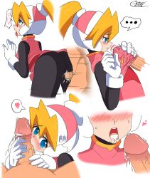 blonde_hair blue_eyes bodysuit breasts ciel_(mega_man) cum cum_in_mouth cum_in_pussy doggy_style fellatio female from_behind helmet highres mega_man mega_man_zero oral paizuri paizuri_under_clothes penis ponytail shoutaro_saito small_breasts tears vaginal_penetration