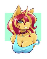 ambris anthro blush breasts collar edit hasbro my_little_pony neckwear shirt sunset_shimmer twitter_link unicorn