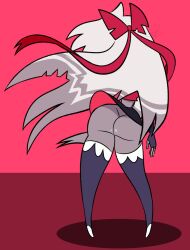 ass big_butt clothed clothing demon faceless_character faceless_female female grey_body hair hazbin_hotel hi_res humanoid partially_clothed pixelzsinful ribbons simple_background solo thick_thighs vaggie_(hazbin_hotel) white_hair