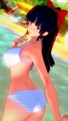 1girls 3d alternate_breast_size artist_request ass beach big_breasts bikini blue_hair bow breasts brown_eyes busty cleavage female female_only hair_ribbon highres large_breasts legs long_hair looking_at_viewer medium_breasts open_mouth ponytail ribbon sakura_shinguji sakura_wars sega sideboob solo swimsuit thighs water wet white_bikini