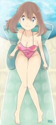 5_fingers 5_toes anime_style barefoot blue_eyes breasts brown_hair cameltoe cleavage feet knees_together_feet_apart large_breasts may_(pokemon) one-piece_swimsuit pink_swimsuit pokemon pokemon_rse r3dfive sitting small_waist smile smiling_at_viewer swimsuit water