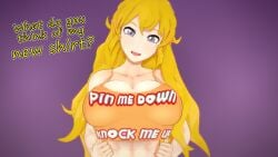 1girls 3d big_breasts blonde_hair breasts busty cleavage clothes_writing combatwombat english_text front_view fuck-me_shirt fuck_me_(text) highres huge_breasts impregnation_request instructional_clothing knock_me_up_shirt koikatsu_(medium) large_breasts long_hair looking_at_viewer midriff open_mouth pin-me-down_shirt purple_eyes question_mark rwby seductive smile solo tank_top teasing text upper_body yang_xiao_long