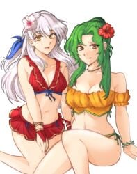 2girls :d absurdres alternate_costume bangs bare_shoulders beach bikini bikini_skirt blue_sky blush breasts brown_eyes cleavage collarbone elincia_ridell_crimea elincia_ridell_crimea_(summer) female female_only fingerless_gloves fire_emblem fire_emblem:_path_of_radiance fire_emblem:_radiant_dawn fire_emblem_heroes flower gloves green_hair grey_hair hair_flower hair_ornament hair_ribbon hibiscus highres large_breasts long_hair looking_at_viewer medium_breasts micaiah_(fire_emblem) micaiah_(summer)_(fire_emblem) miniskirt multiple_girls navel nintendo ocean official_alternate_costume open_mouth orange_bikini orange_swimsuit red_bikini red_gloves red_swimsuit ribbon sand side-tie_bikini sitting skirt sky smile swimsuit tridisart white_background wristband yellow_eyes