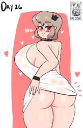 arctic_(arcticfoxlabs) butt crown dress_lift glasses haloowl heart heh huge_ass huge_breasts looking_at_viewer no_nut_november no_nut_sabotage original_character pulling_up_dress queen_(someone750) sideboob teasing text tight_clothing wristband