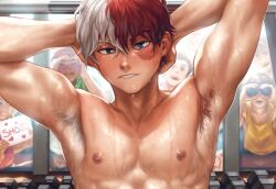 armpit_hair armpits audience being_watched biceps biting_lip bludwing body_hair burn_scar different_eye_color digital_media_(artwork) fans flexing gay grey_eyes gym heart heterochromia human inside looking_at_viewer male male_focus muscular muscular_male my_hero_academia nipples raised_arms red_hair scar shiny_skin shirtless short_hair shouto_todoroki sign solo_focus sweat sweatdrop sweating tagme topless turquoise_eyes two_tone_hair weights white_hair yaoi