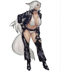 1girls animal_ears animal_tail belly belly_button belt big_breasts bikini black_belt black_leather boots breasts cat_ears chaps collar ears_back fingerless_gloves fox_ears fox_tail fully_clothed hand_on_hip hand_on_knee large_breasts leather leather_jacket long_hair long_tail nonude original_character panties revealing_clothes smile studded_collar tail thick thick_thighs thighs tummy waonwaowao3 white_background white_bikini white_fur white_hair