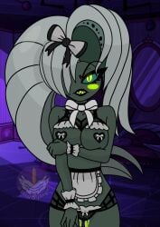 blush clothed clothing demon detailed_background fangs female genitals glowing glowing_eyes green_eyes grey_body grey_hair hair hazbin_hotel helsa_von_eldritch hi_res humanoid looking_at_viewer maid_uniform metalbelphegor open_mouth partially_clothed pussy solo straight_hair uniform