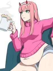 1girls baqua bbw belly big_belly breasts chubby chubby_female clothing darling_in_the_franxx fat fat_girl fat_woman female female_only huge_belly light-skinned_female light_skin overweight overweight_female pink_hair solo solo_female zero_two_(darling_in_the_franxx)