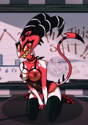 1girls anthro blitzo_(helluva_boss) breasts claws clothed clothing demon detailed_background fangs female female_blitzo helluva_boss hi_res horn imp kneeling looking_at_viewer metalbelphegor multicolored_body nipples open_mouth open_smile partially_clothed red_eyes rule_63 smile solo teeth thick_thighs two_tone_body white_body