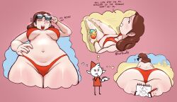 1boy 1girls alfur_aldric beach big_breasts breasts brown_hair hilda_(series) johanna_(hilda) looking_back milf nosebleed oofrowdy sunglasses sunglasses_on_head swimsuit swimwear thighs two_piece_swimsuit underboob