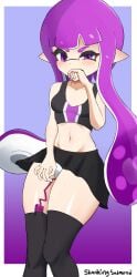 1girls black_skirt black_topwear blush covering_mouth digital_drawing_(artwork) digital_media_(artwork) female female_focus female_only inkling inkling_girl looking_at_viewer masturbation_through_clothing nintendo original_character purple_eyes purple_hair remote_control_vibrator skankingsalmonid splatoon splatoon_2 stained_panties stockings white_panties