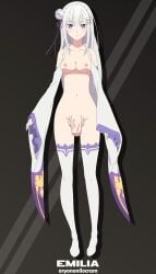 1futa areolae breasts detached_sleeves edit emilia_(re:zero) full_body futa_only futanari human light-skinned_futanari light_skin nipples nude oryononilocram penis purple_eyes re:zero_kara_hajimeru_isekai_seikatsu silver_hair solo standing text third-party_edit