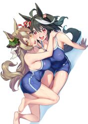 2girls big_breasts blonde_hair breast_to_breast breasts cheek_to_cheek female female_only hair_ornament happy hug looking_at_viewer multiple_girls nonco red_eyes school_swimsuit tagme tail wet_clothes white_background yellow_eyes