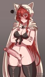 1futa balls big_breasts big_penis blush breasts cape clothed clothing dokima erection eris_greyrat futa_only futanari hood hoodie human light-skinned_futanari light_skin long_hair looking_at_viewer mostly_nude mushoku_tensei penis pubic_hair red_hair solo standing