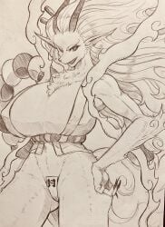 akuma_no_mi big_breasts black_and_white bottomless breasts cleavage covered_pussy curemitsuba devil_fruit female female_only fur furry inu_inu_no_mi,_model:_ōkuchi-no-makami nipple_bulge nipple_outline one_piece sketch tagme yamato_(one_piece)