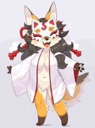 1girls anthro big_breasts black_hair blush breasts canine chibi countershading cute_fang fang female female_only fox fox_ears fox_tail fur furry furry_only hi_res inner_sideboob kame_3 kimono long_hair looking_at_viewer mask masked_fox_(kame_3) open_kimono pawpads smiling_at_viewer solo solo_female tail yellow_fur