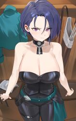 1girls arrow_(projectile) bare_shoulders belt black_choker black_pants black_shirt blush bodice breasts choker cleavage collarbone commentary dress female female_only fire_emblem fire_emblem:_three_houses green_belt green_jacket higher_resolution_duplicate highres hood_x_art jacket jacket_removed large_breasts looking_at_viewer nintendo pants purple_eyes purple_hair quiver shamir_nevrand shirt short_hair sleeveless sleeveless_dress solo strapless strapless_shirt sweatdrop