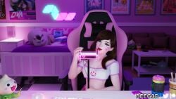 1girls 3d alternate_costume asian asmr asmr_microphone beeg3d blizzard_entertainment brown_hair camgirl cute d.va discko_d.va double_v female female_only fringe korean licking light-skinned_female looking_at_viewer oral oral_insinuation overwatch petite solo solo_female streaming tongue tongue_out twintails twitch