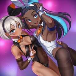 2girls :d armpits ass bangs bea_(pokemon) black_hair black_hairband blue_eyes blue_eyeshadow blue_hair blush bow bow_hairband bowtie breasts bunny_ears bunnysuit commentary_request dark-skinned_female dark_skin detached_collar earrings eyelashes eyeshadow female female_only fingernails game_freak grey_hair hair_between_eyes hair_bun hairband hand_on_another's_hip hi_res highleg highleg_leotard highres hoop_earrings jewelry leotard long_hair looking_at_viewer makeup multicolored_hair multiple_girls nail_polish necktie nessa_(pokemon) nintendo open_mouth orange_bow orange_bowtie orange_nails orange_necktie orange_tie playboy_bunny pokemon pokemon_(game) pokemon_ss purple_background sexy_armpits short_hair short_necktie smile sweatdrop teeth tie toin_(iitoin) toned toned_female tongue two-tone_hair v white_leotard