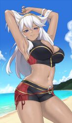 1girls adapted_costume alternate_color alternate_costume alternate_hair_color alternate_skin_color armpits bare_thighs beach bikini black_bikini black_swimsuit blue_eyes breasts cleavage cleavage_cutout dark-skinned_female dark_skin female female_only fire_emblem fire_emblem_awakening fire_emblem_cipher from_below grey_hair igni_tion large_breasts long_hair looking_down lucina_(fire_emblem) lucina_(summer)_(fire_emblem) nintendo ocean outdoors sexy_armpits smile solo swimsuit symbol-shaped_pupils tan tan_body tanned tanned_female tanned_skin thighs tiara white_hair