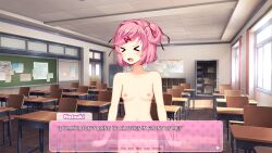 1girls casual classroom classroom_nudity dialogue_box dmx18_artist doki_doki_literature_club english_text female female_only human naked natsuki_(doki_doki_literature_club) no_clothes not_wearing_clothes nude nudist oerba_yun_fang open_mouth pale_skin panel pink_eyes pink_hair pink_text_box public solo sprite text text_box weird_eyes