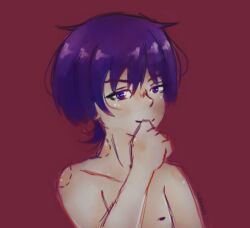 1boy bite_mark gay genshin_impact human_only male male_only naked nipples nude nude_male purple_eyes purple_hair red_background scaramouche_(genshin_impact) smug_face twink