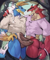 abs anthro arm_on_hip blue_body bottomwear bracelet bulge clothing dragon duo eye_contact hi_res jewelry looking_at_another male male/male muscular muscular_male pants red_body scalie shirt topwear underwear wolfanine