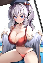 1girls 2022 blush bra breasts cleavage embarrassed enishi96 female female_only hat hips huge_breasts indoors kantai_collection kashima_(kantai_collection) long_hair looking_at_viewer matching_underwear panties picot_trim picot_trim_bra red_bra red_panties slim_waist thick_thighs thighs twintails undressing white_hair wide_hips