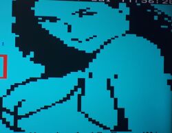 1girls big_breasts black_hair blue_background cyan_background female milf monochrome pixel_art teletext teletext_art