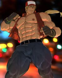 balls bara baseball_cap big_balls big_penis blonde_hair boner erection erection_under_clothes fatal_fury fingerless_gloves gay hydaria jeans king_of_fighters male male_only muscles muscular penis sleeveless_jacket snk solo solo_male terry_bogard