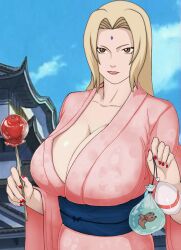 1girls apple big_breasts blonde_hair breasts brown_eyes busty female female_focus female_only festival food forehead_jewel forehead_mark holding_food holding_object huge_breasts kimono kunoichi large_breasts long_hair mature mature_female nail_polish naruto naruto_(series) naruto_shippuden ninja sash shounen_jump solo solo_female solo_focus tsunade upper_body yukata