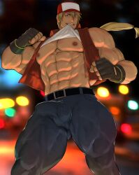 balls bara baseball_cap big_balls big_penis boner erection erection_under_clothes fatal_fury fingerless_gloves gay hydaria jeans king_of_fighters male male_only muscles muscular penis shirt_lift sleeveless_jacket snk solo solo_male terry_bogard