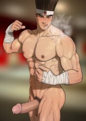 balls bandages bara big_balls big_penis boner erection fatal_fury gay headband hydaria joe_higashi king_of_fighters male male_only muscles muscular penis snk solo solo_male steamy_breath sweaty