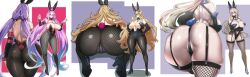 3girls artoria_pendragon_(fate) artoria_pendragon_(lancer)_(fate) artoria_pendragon_(lancer_alter) artoria_pendragon_(lancer_alter)_(fate) ass ass_focus barghest_(gawain)_(fate) black_garter_straps black_high_heels black_legwear black_pantyhose black_sleeves black_stockings blonde_hair blue_high_heels bunny_suit collage fate/grand_order fate_(series) fishnet_legwear fishnet_stockings fishnets heterochromia huge_ass huge_breasts long_hair medusa_(fate) medusa_(rider)_(fate) multiple_girls playboy_bunny purple_eyes purple_hair rabbit_ears rabbit_tail sleeves_past_elbows thick_thighs thighhighs thighs twintails uc very_long_hair wide_hips