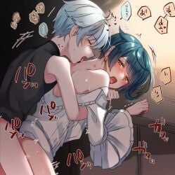 2boys anal anal_sex blue_hair blush chongyun_(genshin_impact) closed_eyes clothed clothing crying_with_eyes_open from_behind from_behind_position gay gay_sex genshin_impact gold_eyes japanese_text kiss_mark kiss_marks kissing_neck kokuchuutei licking licking_neck male/male malesub open_clothes open_mouth open_shirt pleasure_face submissive_male xingqiu_(genshin_impact) yaoi