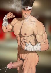 balls bandages bara big_balls big_penis boner cum erection fatal_fury gay headband hydaria joe_higashi king_of_fighters male male_only muscles muscular orgasm penis snk solo solo_male steamy_breath sweaty