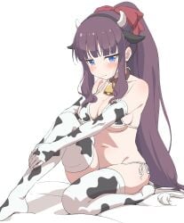 animal_ears animal_print bangs bare_shoulders bell bikini black_hairband blue_eyes blunt_bangs blush bow breasts brown_collar brown_hair closed_mouth collar cow_ears cow_horns cow_print cow_tail cowbell elbow_gloves fake_animal_ears fake_horns fake_tail female gloves hairband hairbow highres horns large_breasts long_hair looking_at_viewer mole mole_on_breast navel neck_bell new_game! ponytail print_bikini print_gloves print_legwear red_bow side-tie_bikini simple_background sincos sitting solo stomach swimsuit tail takimoto_hifumi thighhighs thighs very_long_hair white_background white_bikini white_gloves white_thighhighs