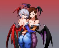 2girls :o ahoge anastasia_(idolmaster) animal_print arm_around_waist ass asymmetrical_docking back backless_outfit bangs bare_shoulders bat_print bat_wings black_leotard black_wings blue_eyes blue_legwear boongari breast_press breasts bridal_gauntlets brown_eyes brown_hair cleavage closed_mouth clothing collarbone commentary_request cosplay cowboy_shot darkstalkers demon_girl eyebrows feathers from_side gradient gradient_background grey_background hair_between_eyes half-closed_eyes hand_on_another's_shoulder head_wings highleg highleg_leotard hug idolmaster idolmaster_cinderella_girls large_breasts leotard light_smile lilith_aensland lilith_aensland_(cosplay) long_hair looking_at_viewer looking_back medium_breasts morrigan_aensland morrigan_aensland_(cosplay) multiple_girls nitta_minami pantyhose parted_bangs parted_lips photoshop_(medium) print_legwear purple_legwear purple_wings red_background red_eyes red_leotard red_wings short_hair sideboob silver_hair smile standing surprised thong thong_leotard vampire_(game) wings yuri