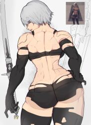 android android_girl ass ass_cleavage back back_boob back_view big_ass big_butt breasts butt_crack colored huge_ass huge_butt muscular_back muscular_female nier:_automata robot robot_girl robot_humanoid short_hair thick thick_thighs white_hair yoracrab yorha_a2