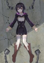 1girls ahoge alternate_version_available bare_thighs black_hair bondage boots breasts chains clothed corruption dogansa dress empty_eyes female female_only femsub fire_emblem fire_emblem_awakening grima_(fire_emblem) kaerukeroro1 long_sleeves looking_at_viewer mind_control morgan_(fire_emblem) morgan_(fire_emblem)_(female) nintendo on_back open_mouth red_eyes shackles short_hair small_breasts solo thighhighs thighs