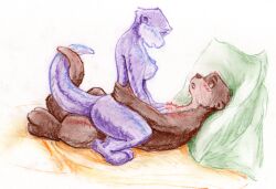 anthro breasts brown_body brown_fur cowgirl_position duo entwined_tails female from_front_position fur hi_res lewd_factory male male/female mammal mustelid on_bottom on_top otter penetration purple_body purple_fur sex tail tail_coil traditional_media_(artwork) vaginal_penetration vaginal_penetration