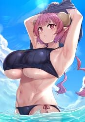 1girls 2021 armpits arms_up big_breasts bikini breasts dragon_girl dragon_horns female female_only horns huge_breasts humanoid ilulu_(dragon_maid) light-skinned_female light_skin long_hair massive_breasts miss_kobayashi's_dragon_maid moisture_(chichi) outdoors partially_submerged pink_eyes pink_hair png pointy_ears red_eyes red_hair swimsuit tight_clothing tight_fit twintails underboob voluptuous